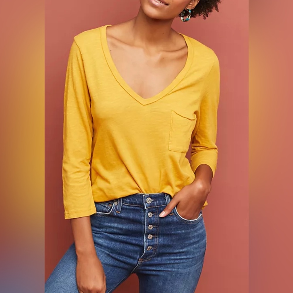 Women's Anthropologie t.la, Cotton, Yellow, V-Neck 3/4 Sleeve T-Shirt, Size M